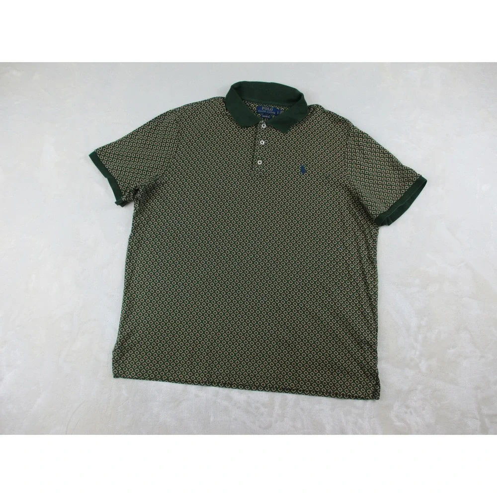 Ralph Lauren Polo Shirt Mens Large Green‎ Pony Diamonds AOP Classic Fit Casual*